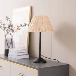 Lindby tafellamp Zyralia, houtkleurig, rotan, Ø 30 cm