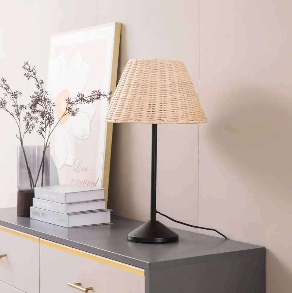 Lindby tafellamp Zyralia, houtkleurig, rotan, Ø 30 cm