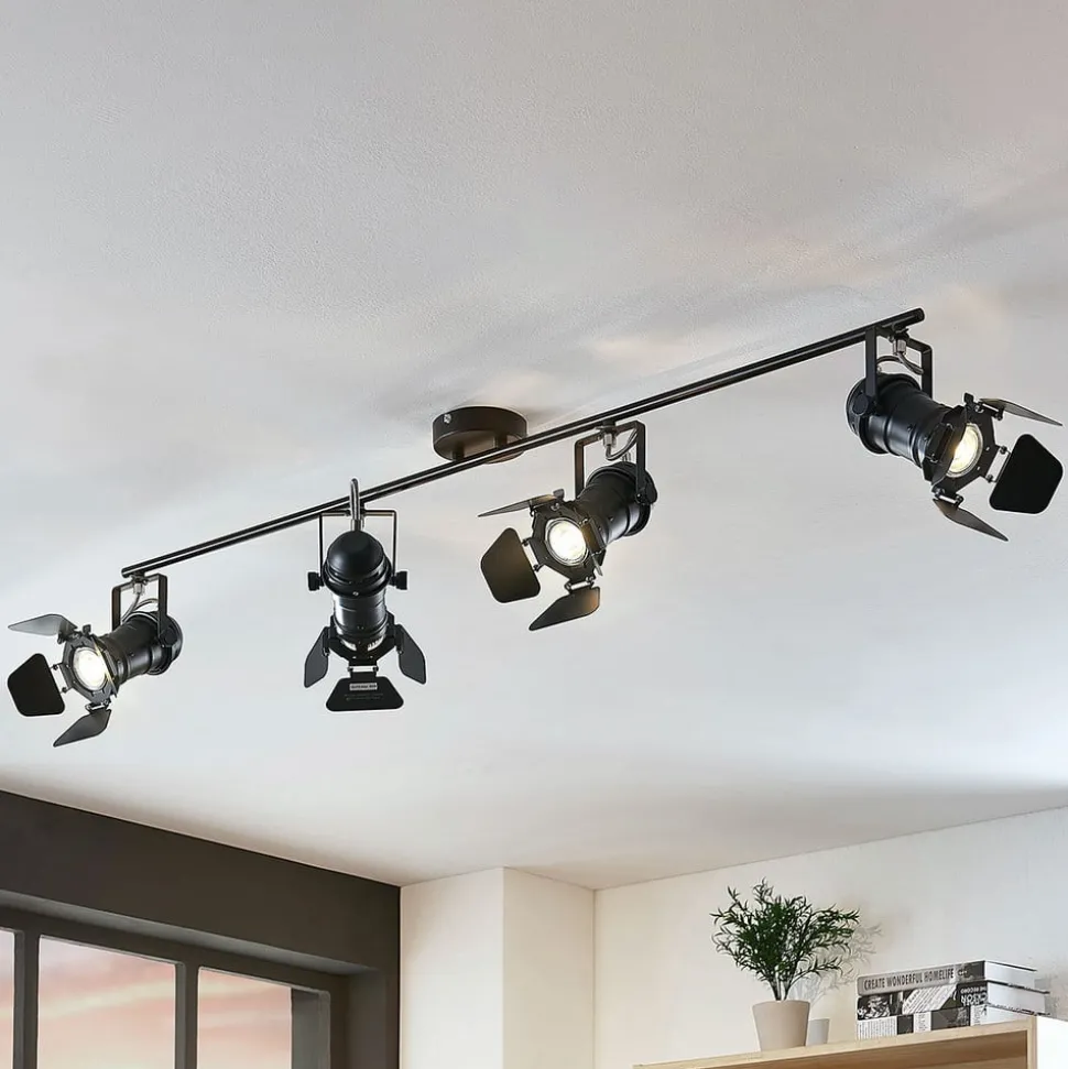 Lindby Tilen plafondspot, 4-lamps, zwart, metaal, 125cm