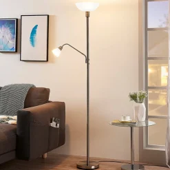 Lindby uplighter Jost, 180 cm, nikkelkleurig, leeslampje