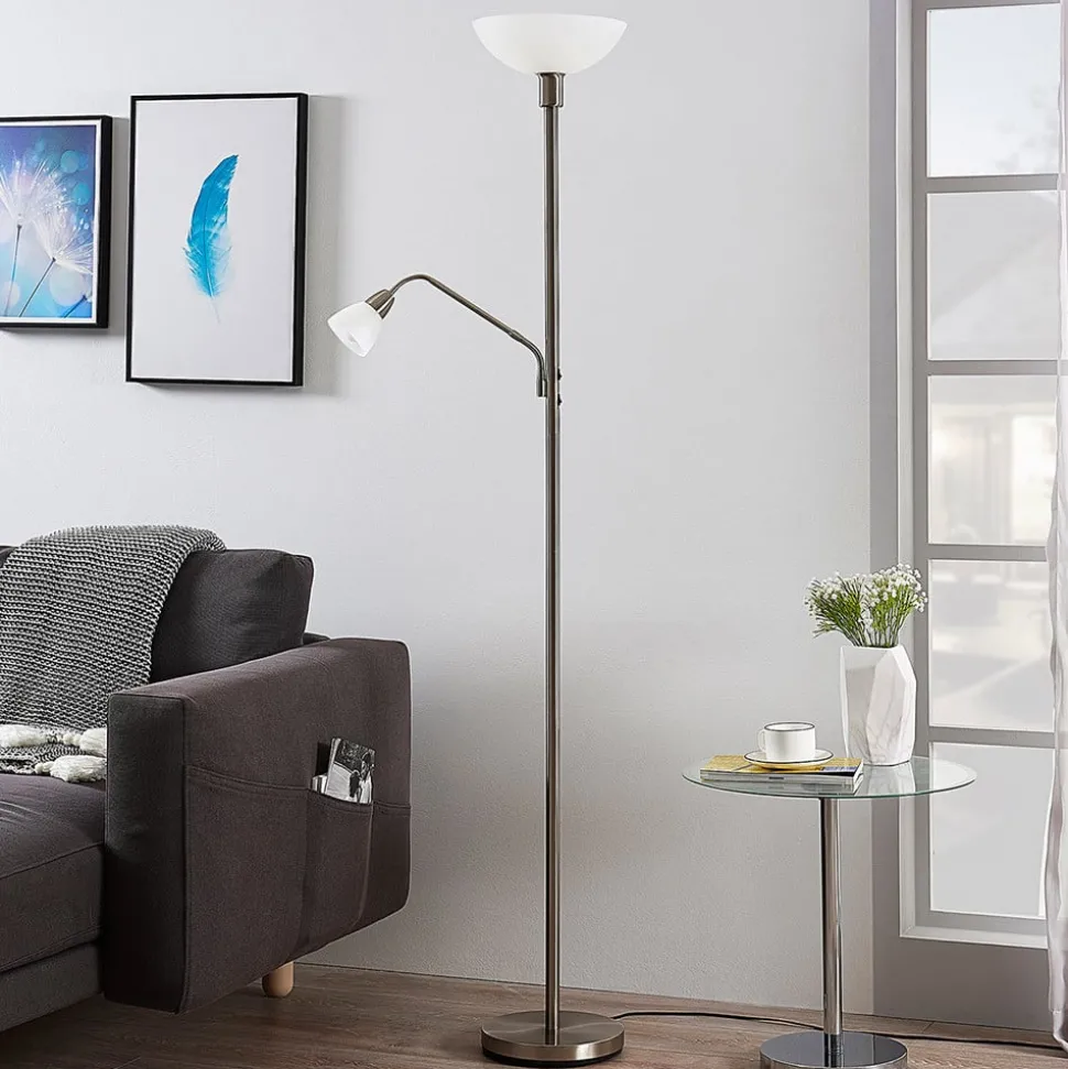 Lindby uplighter Jost, 180 cm, nikkelkleurig, leeslampje