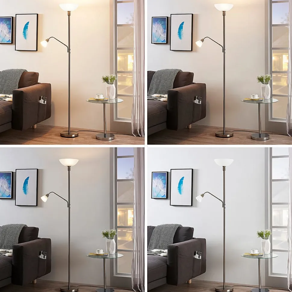 Lindby uplighter Jost, 180 cm, nikkelkleurig, leeslampje