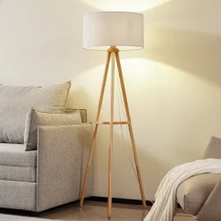 Lindby vloerlamp Adamio, Ø 45,5 cm, wit, textiel, driepoot