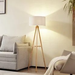 Lindby vloerlamp Adamio, Ø 45,5 cm, wit, textiel, driepoot