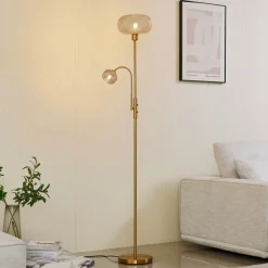 Lindby vloerlamp Aliette, goud/amber, glas, leeslampje