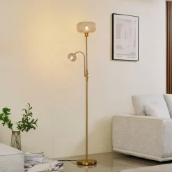 Lindby vloerlamp Aliette, goud/amber, glas, leeslampje