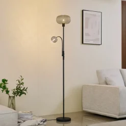 Lindby vloerlamp Aliette, zwart/grijs, glas, leeslampje