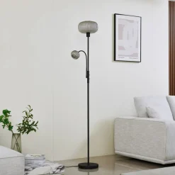 Lindby vloerlamp Aliette, zwart/grijs, glas, leeslampje