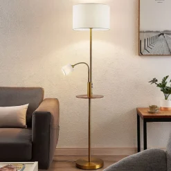 Lindby vloerlamp Aovan, bronskleurig, plank, USB-aansluiting