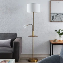 Lindby vloerlamp Aovan, bronskleurig, plank, USB-aansluiting