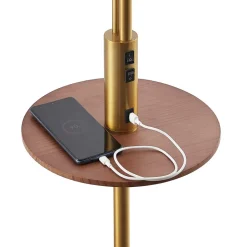 Lindby vloerlamp Aovan, bronskleurig, plank, USB-aansluiting