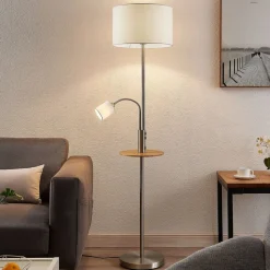 Lindby vloerlamp Aovan, nikkelkleurig, opbergvak, USB-aansluiting
