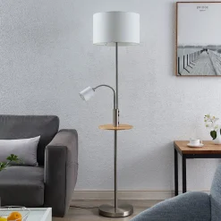 Lindby vloerlamp Aovan, nikkelkleurig, opbergvak, USB-aansluiting