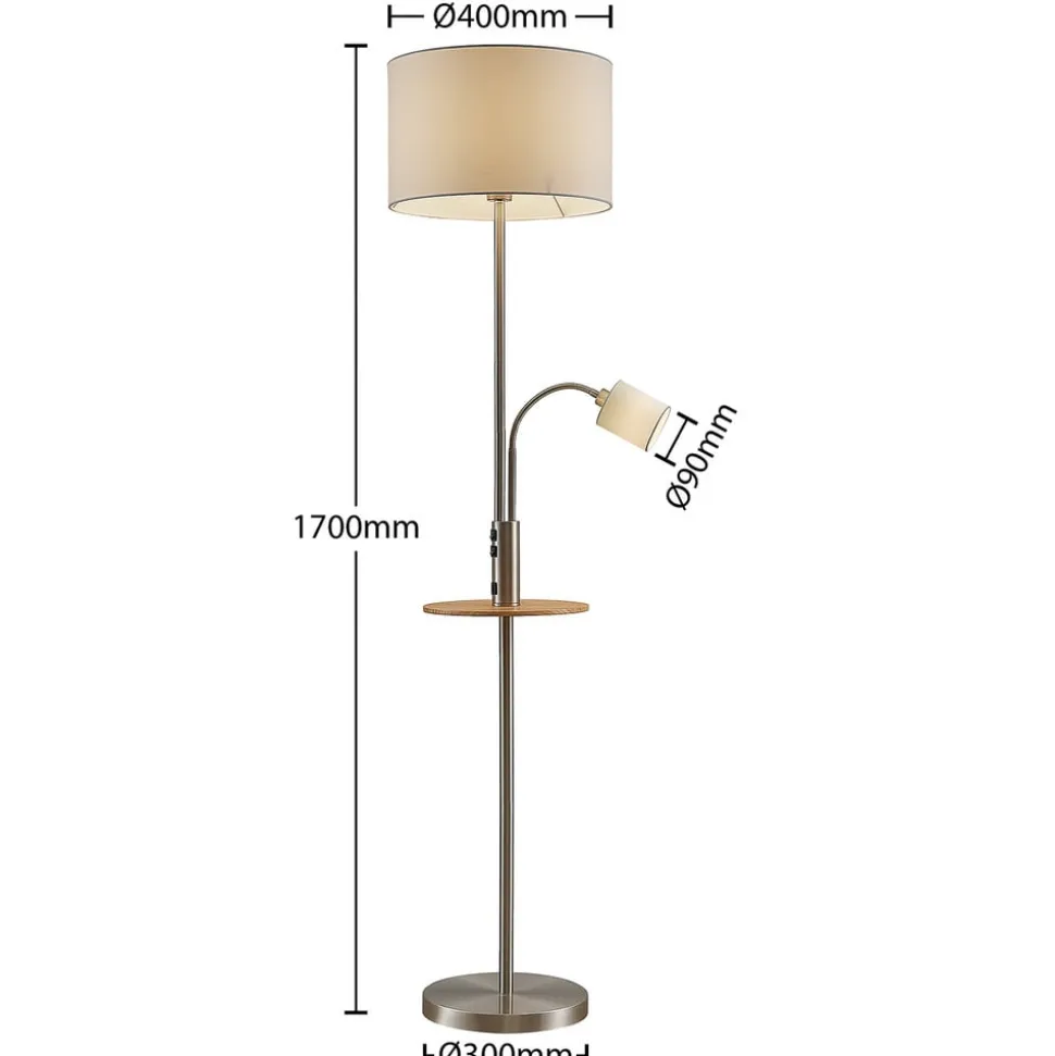 Lindby vloerlamp Aovan, nikkelkleurig, opbergvak, USB-aansluiting