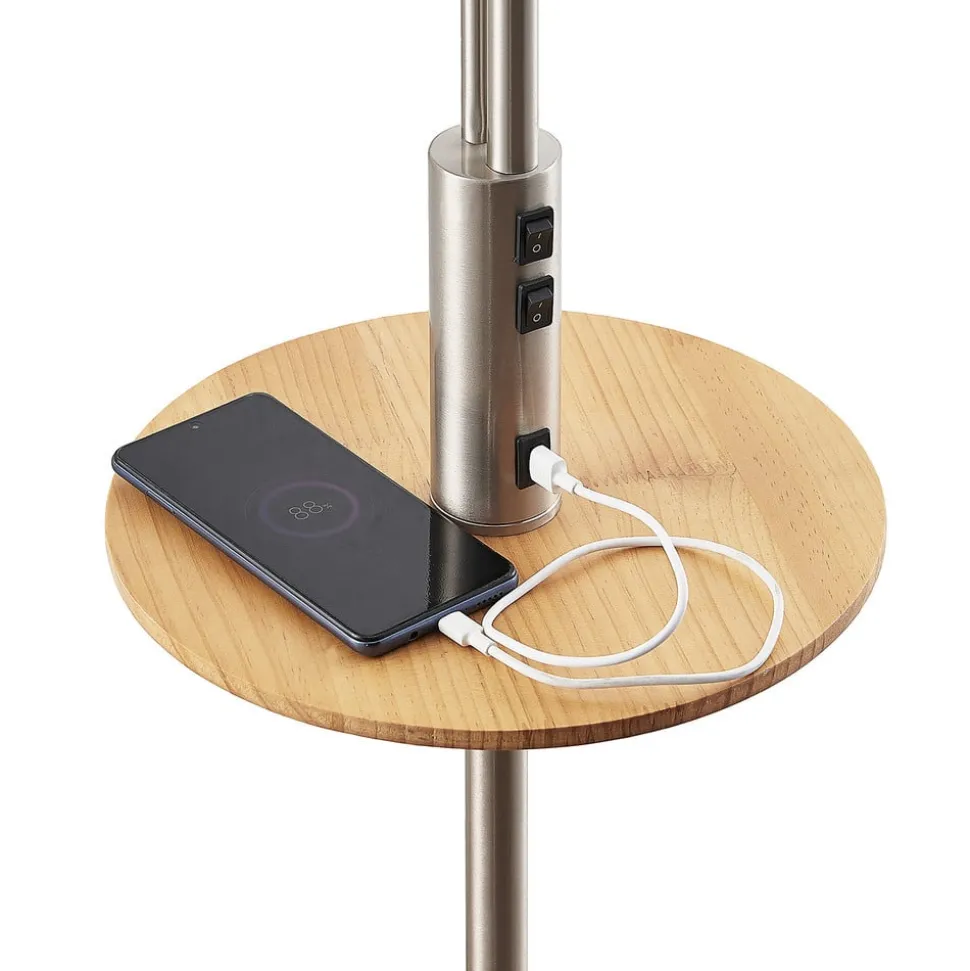 Lindby vloerlamp Aovan, nikkelkleurig, opbergvak, USB-aansluiting