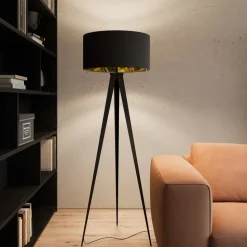 Lindby vloerlamp Benik, driepoot, textiel, zwart/goud, 153cm