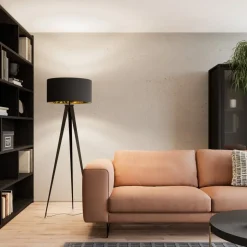 Lindby vloerlamp Benik, driepoot, textiel, zwart/goud, 153cm