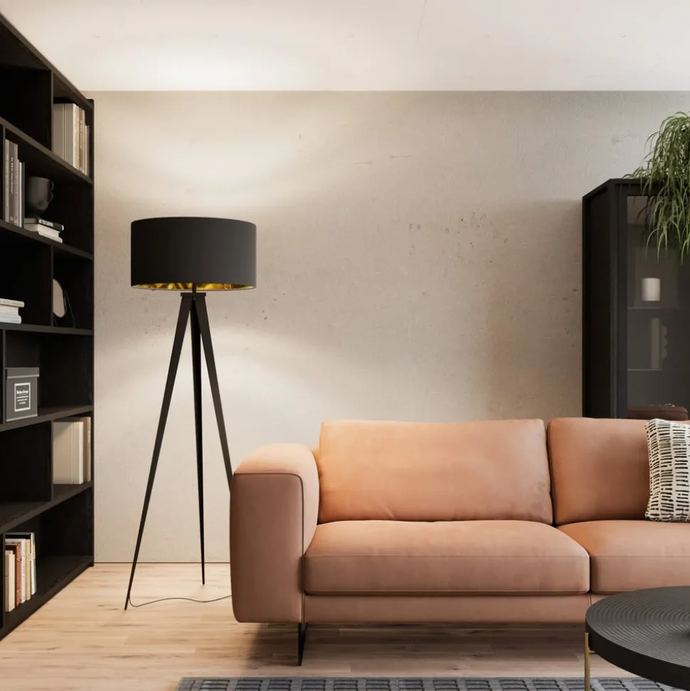 Lindby vloerlamp Benik, driepoot, textiel, zwart/goud, 153cm