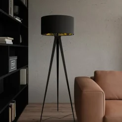 Lindby vloerlamp Benik, driepoot, textiel, zwart/goud, 153cm