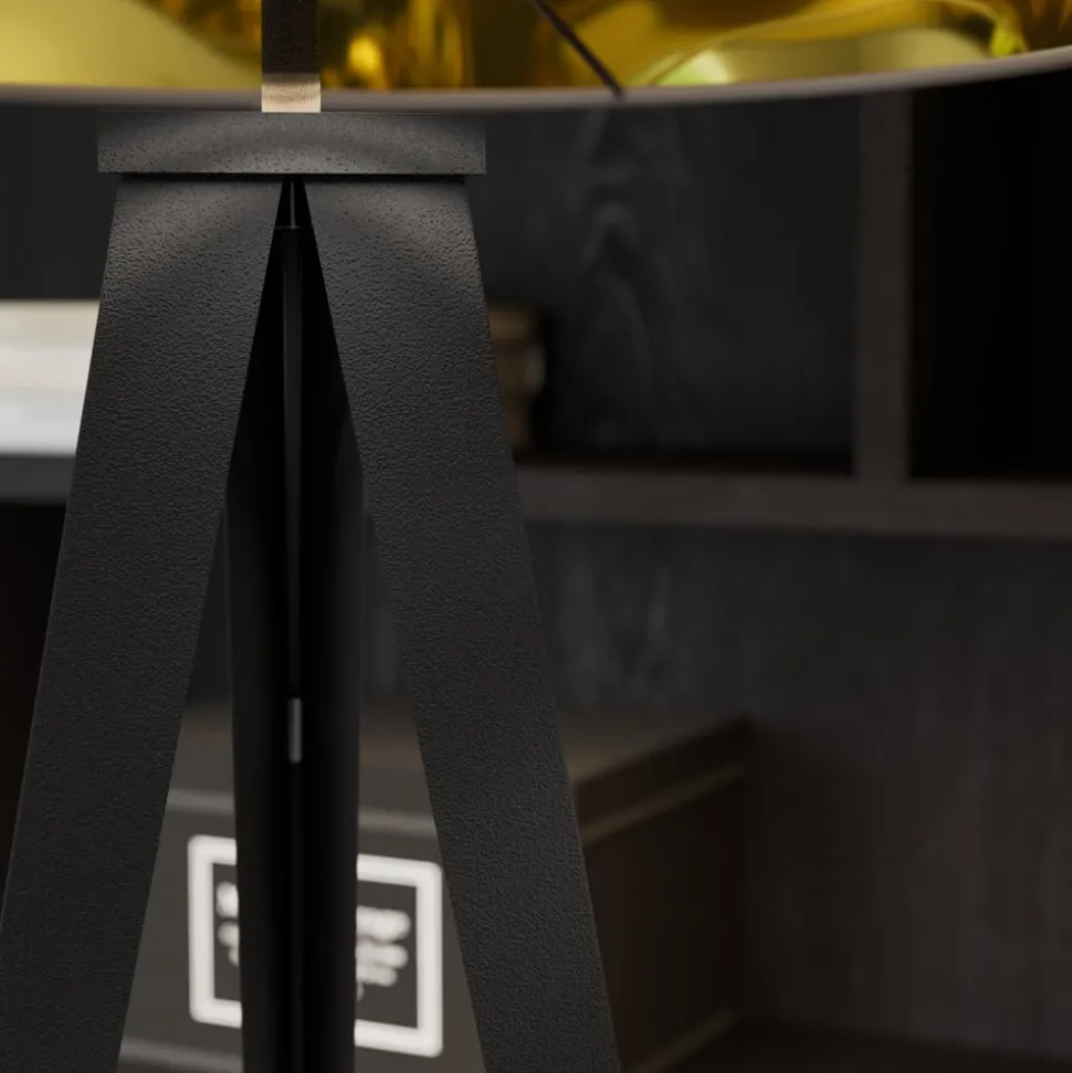 Lindby vloerlamp Benik, driepoot, textiel, zwart/goud, 153cm