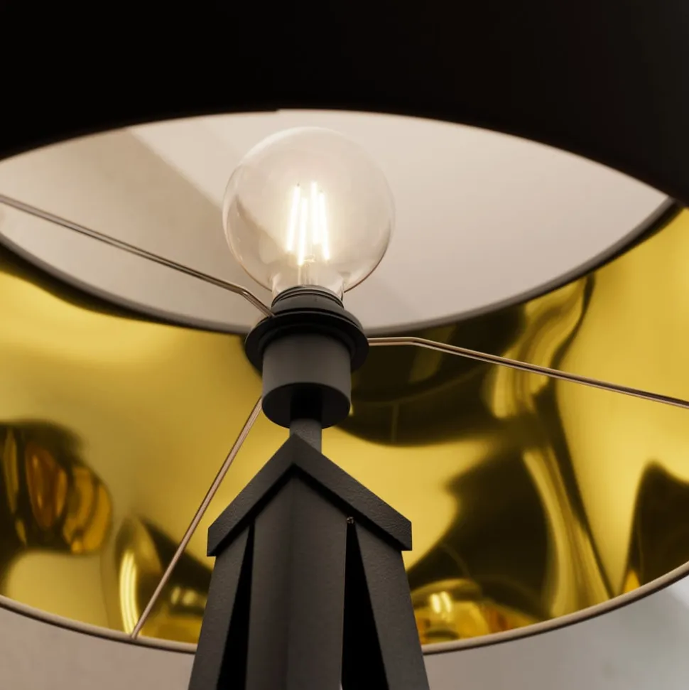 Lindby vloerlamp Benik, driepoot, textiel, zwart/goud, 153cm