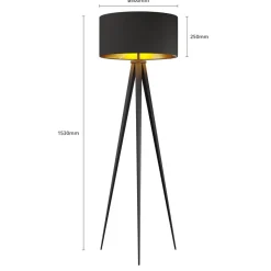 Lindby vloerlamp Benik, driepoot, textiel, zwart/goud, 153cm
