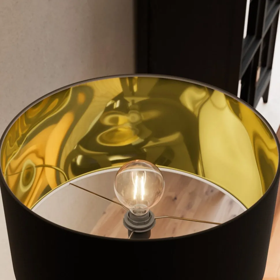 Lindby vloerlamp Benik, driepoot, textiel, zwart/goud, 153cm