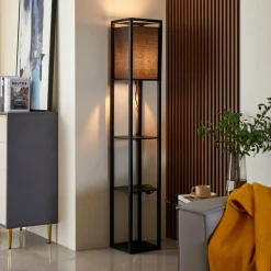 Lindby vloerlamp Birta, plank, hout, zwart, 159cm