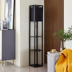 Lindby vloerlamp Birta, plank, hout, zwart, 159cm