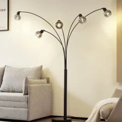 Lindby vloerlamp Braccio, grijs/zwart, glas, 5-lamps, 204,5cm