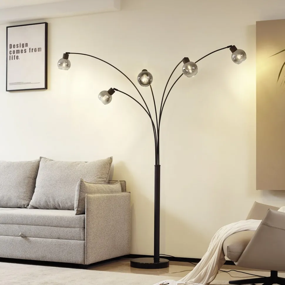 Lindby vloerlamp Braccio, grijs/zwart, glas, 5-lamps, 204,5cm