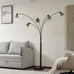 Lindby vloerlamp Braccio, grijs/zwart, glas, 5-lamps, 204,5cm