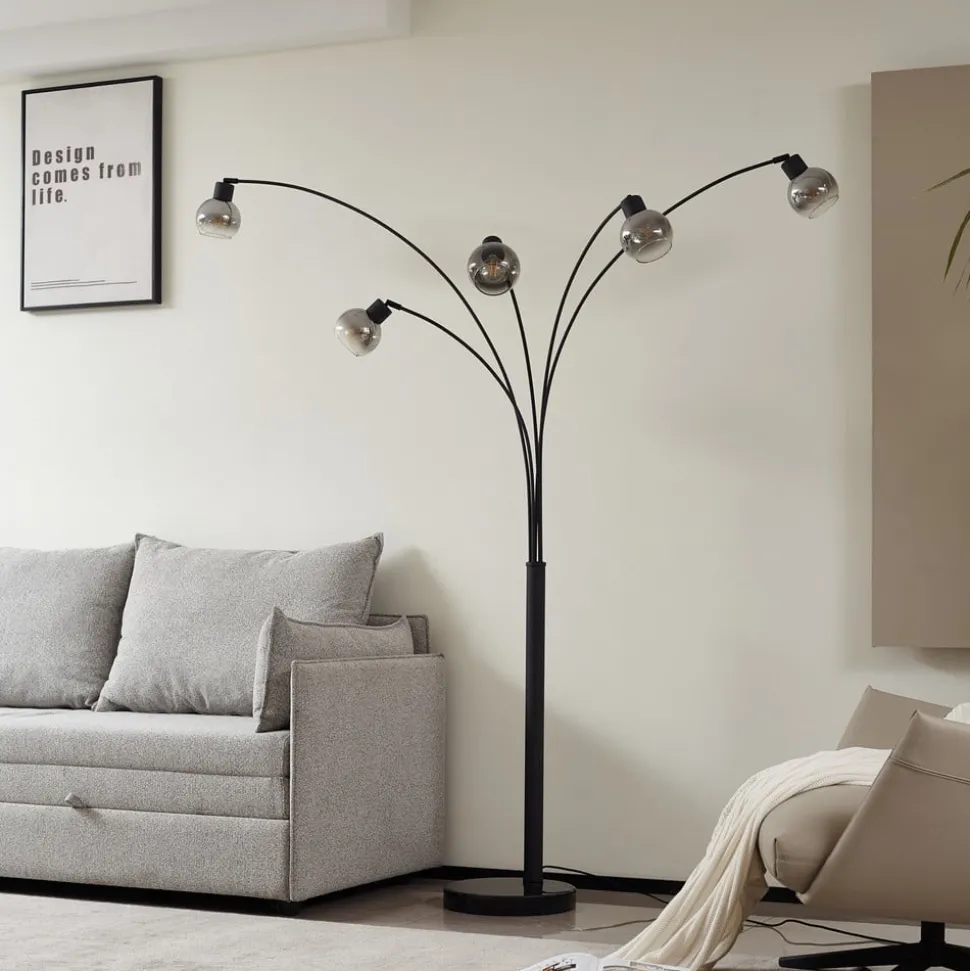 Lindby vloerlamp Braccio, grijs/zwart, glas, 5-lamps, 204,5cm