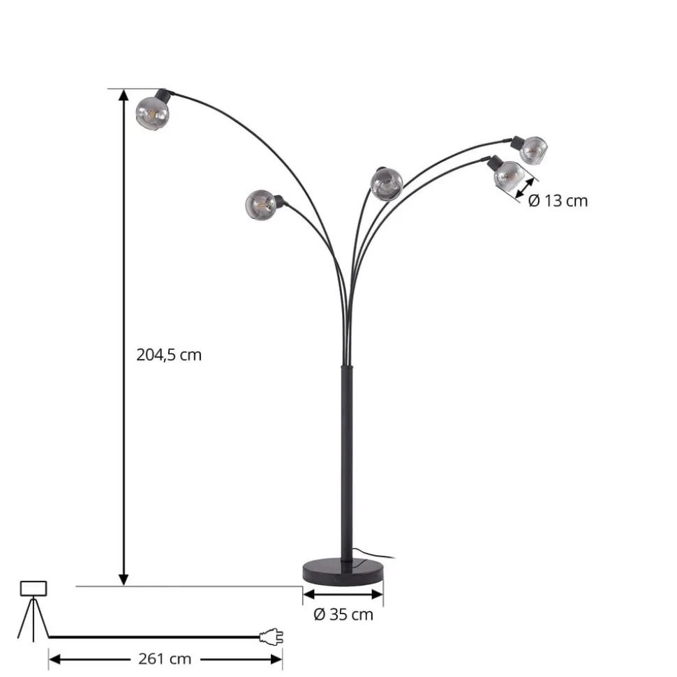 Lindby vloerlamp Braccio, grijs/zwart, glas, 5-lamps, 204,5cm