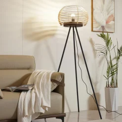 Lindby vloerlamp Ediz, zwart, hout, 159 cm hoog, E27