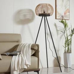 Lindby vloerlamp Ediz, zwart, hout, 159 cm hoog, E27