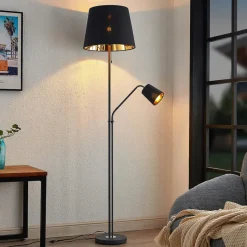 Lindby vloerlamp Efalia, zwart/goud, textiel, leeslampje