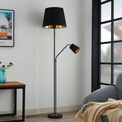 Lindby vloerlamp Efalia, zwart/goud, textiel, leeslampje