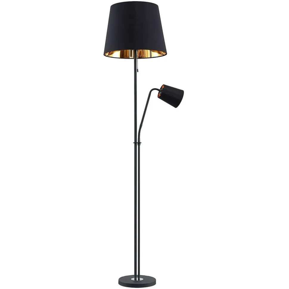 Lindby vloerlamp Efalia, zwart/goud, textiel, leeslampje