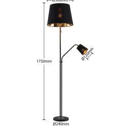 Lindby vloerlamp Efalia, zwart/goud, textiel, leeslampje