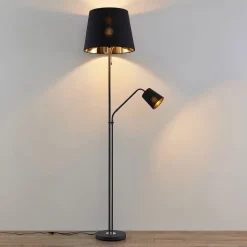 Lindby vloerlamp Efalia, zwart/goud, textiel, leeslampje