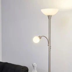 Lindby vloerlamp Elaina, 180 cm, nikkelkleurig, leeslampje