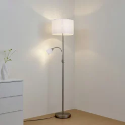 Lindby vloerlamp Jaileen, wit, textiel, 170 cm, leeslampje