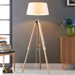 Lindby vloerlamp Katie, 162 cm, wit, textiel, hout, driepoot