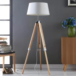 Lindby vloerlamp Katie, 162 cm, wit, textiel, hout, driepoot