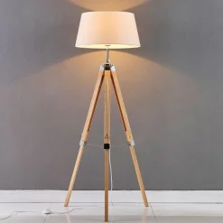 Lindby vloerlamp Katie, 162 cm, wit, textiel, hout, driepoot