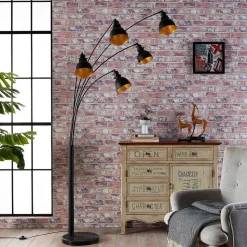 Lindby vloerlamp Lira, 5-lamps, hoogte 205 cm, zwart, goud