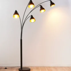 Lindby vloerlamp Lira, 5-lamps, hoogte 205 cm, zwart, goud