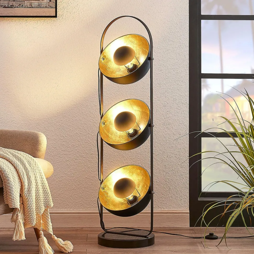 Lindby vloerlamp Muriel, 3-lamps, zwart/goud, metaal