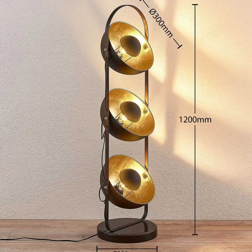Lindby vloerlamp Muriel, 3-lamps, zwart/goud, metaal